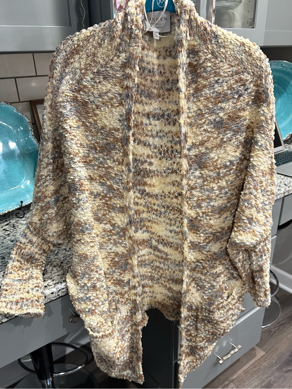 Hayden Cream and Tan Open-Front Textured Cardigan